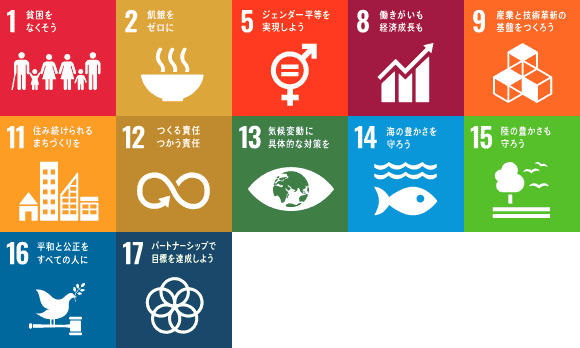 SDGsアイコン（1,2,5,8,9,11,12,13,14,15,16,17）